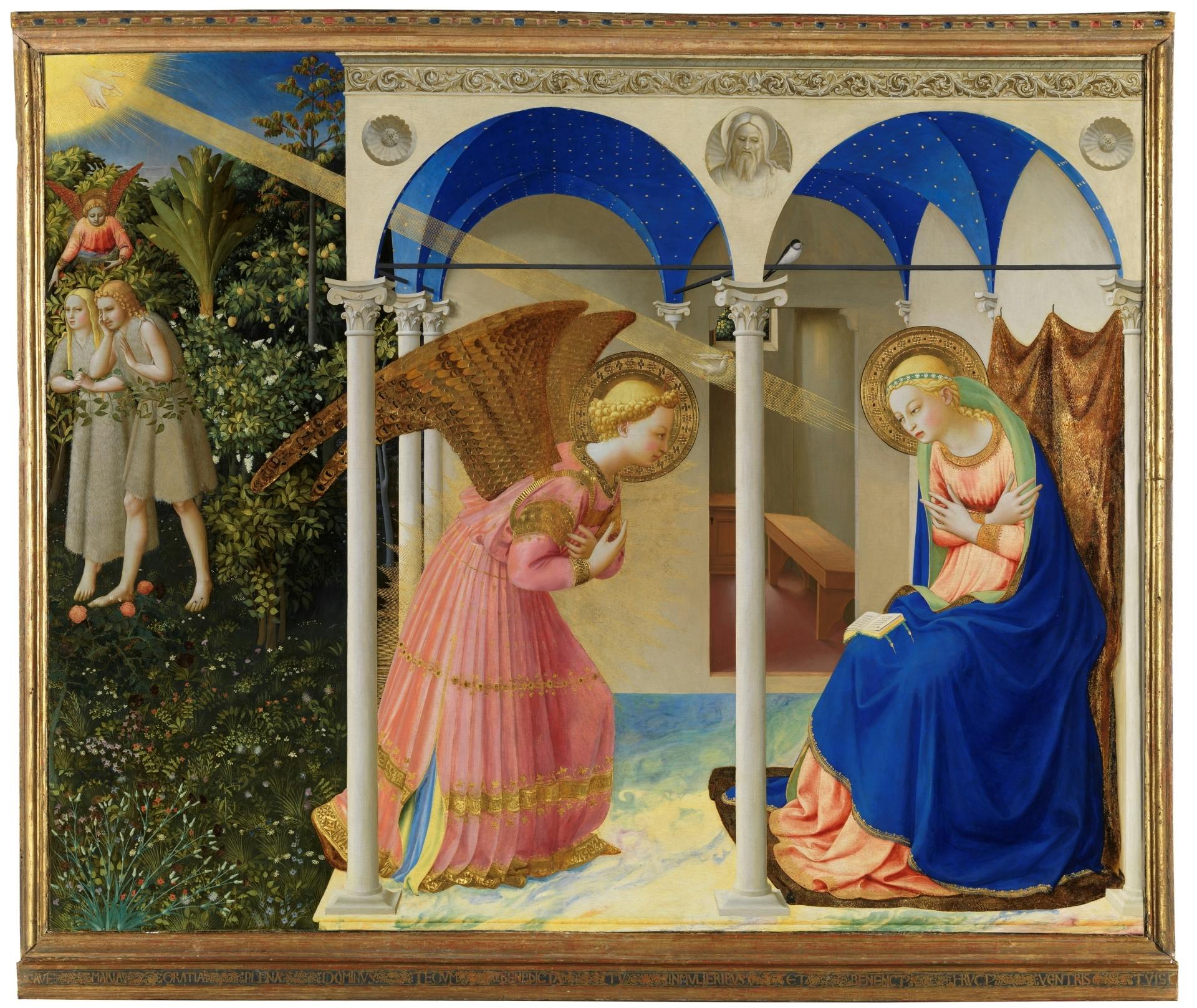 In this Annunciation, by Fra Angelico in the 1420s, God is a golden sun, and his divine message a beam of light