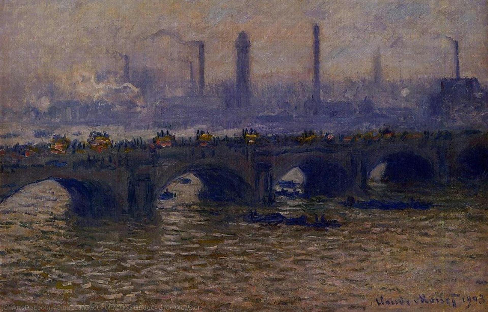 view of Waterloo Bridge, city’s industrial skyline smothered with synthetic purple emissions