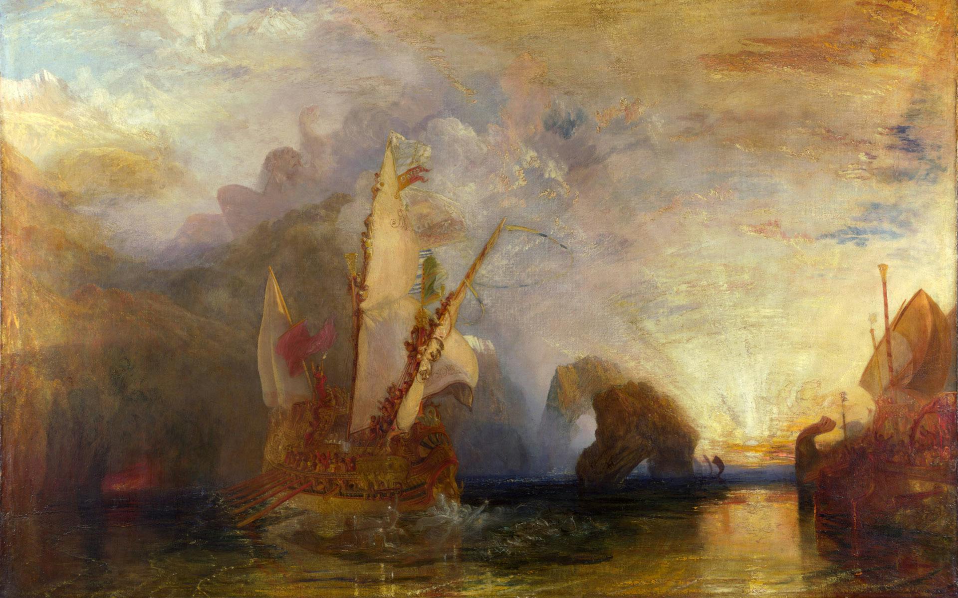 Turner’s Ulysses Deriding Polyphemus is dominated by a vast and heroic sunset. The faint outlines of stallions carrying the sun over the horizon can just be made out