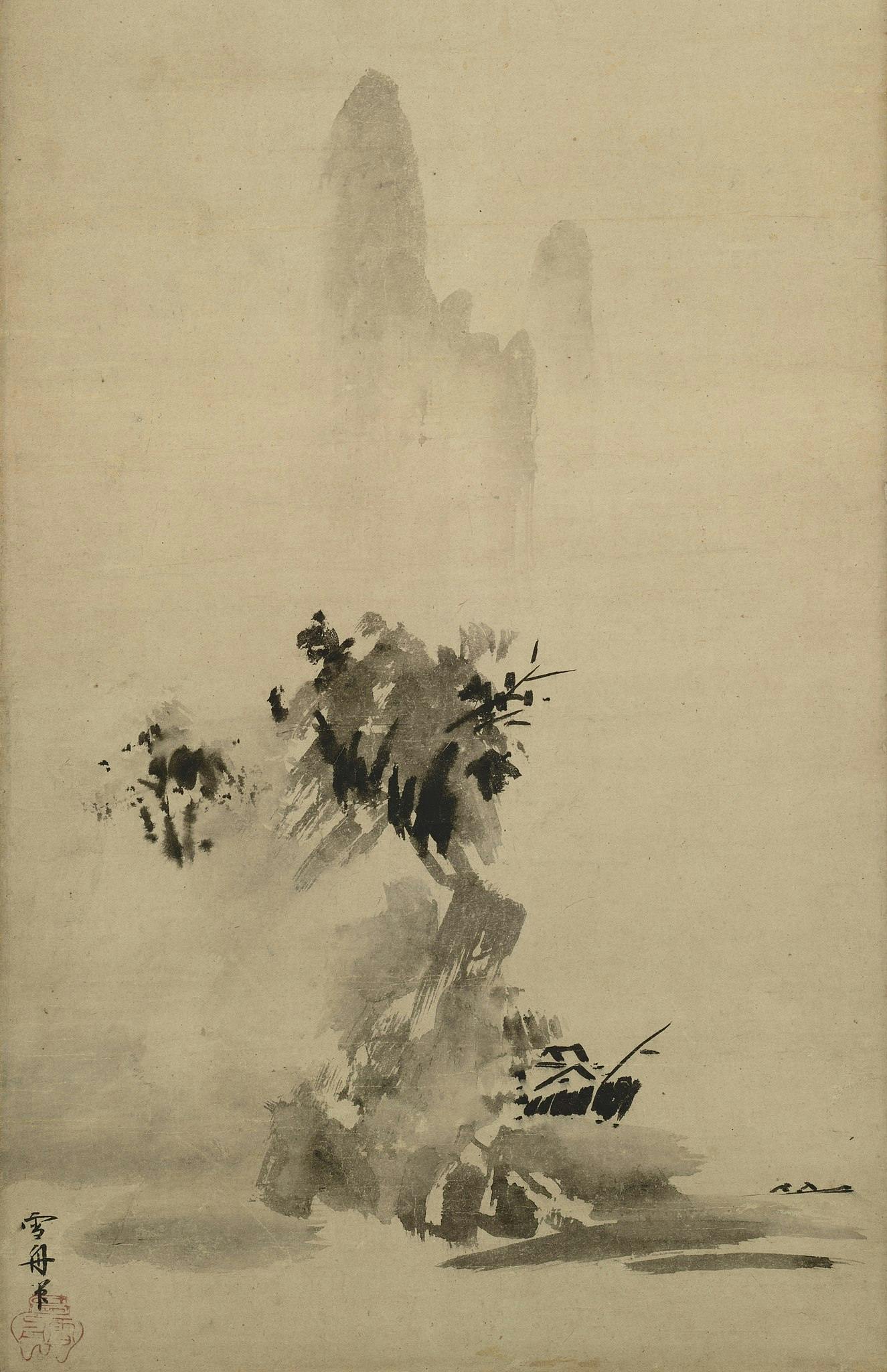 Sesshū’s Splashed-Ink Landscape, made in 1495. From one ink, variously diluted and masterfully applied, springs an evocative mountain scene: a wine tavern by a lake, complete with two boaters at the bottom right
