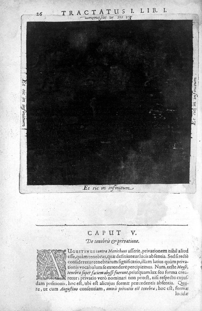 In the beginning there was darkness: in this remarkably modern image, the seventeenth-century cosmologist Robert Fludd depicted the primordial void as a simple black square