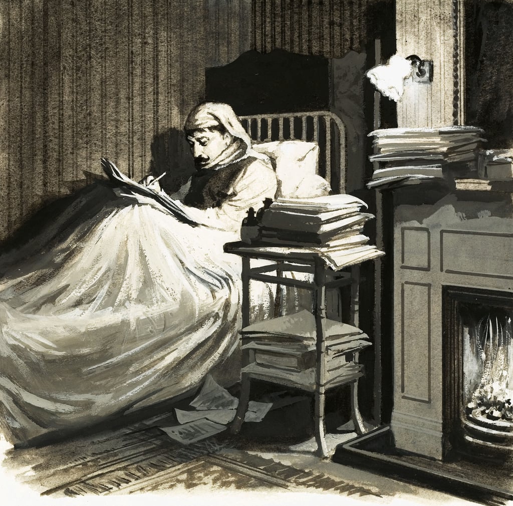 Marcel Proust sat in bed writing Remembrance of Things Past, English School