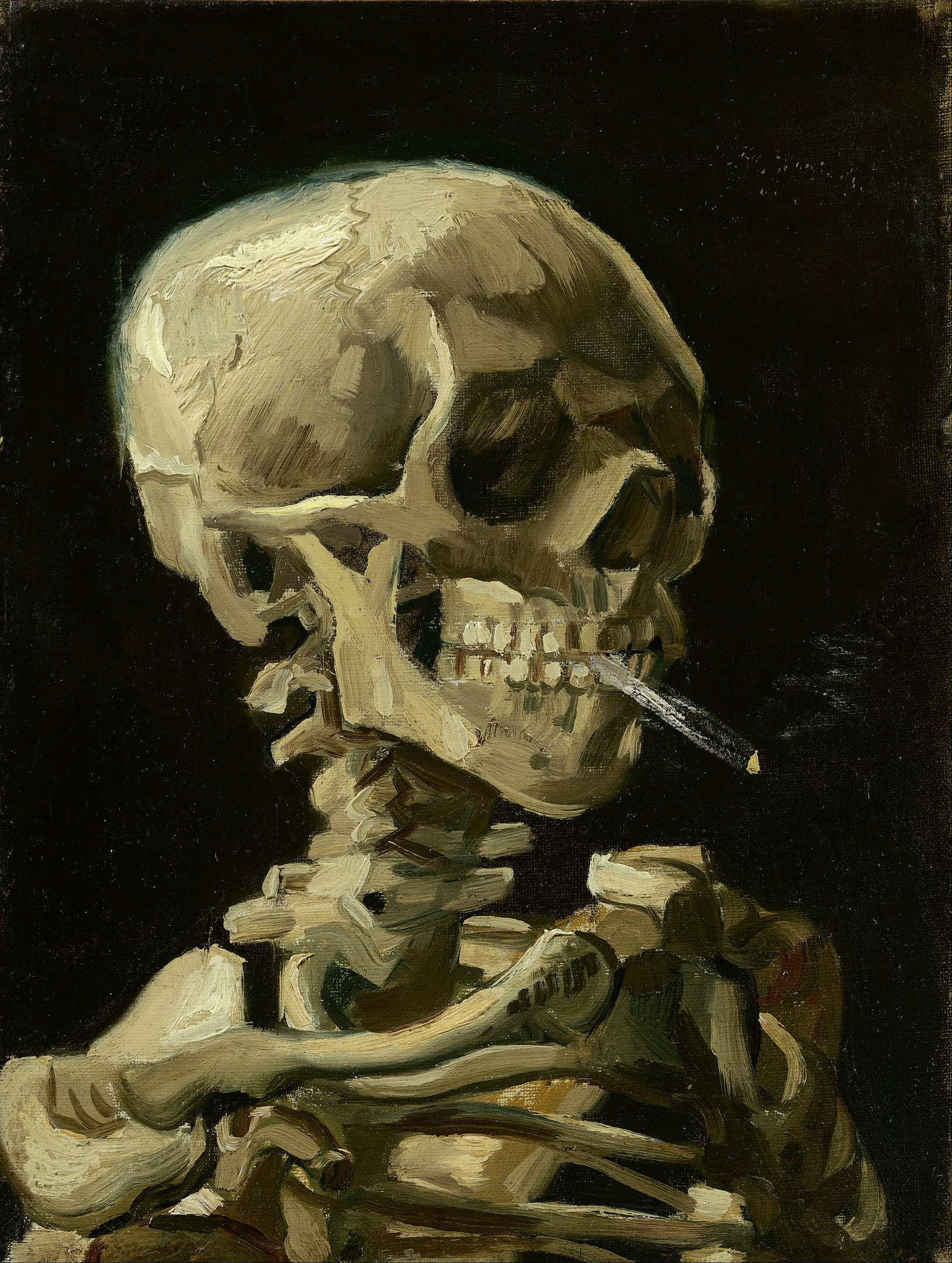 Vincent van Gogh, Head of a skeleton with a burning cigarette, 1885